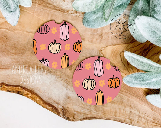 Fall Pumpkins and Flowers Car Coasters