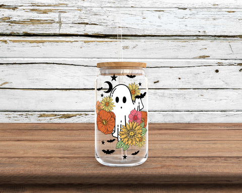 Floral Retro Ghost Sublimation Glass Can