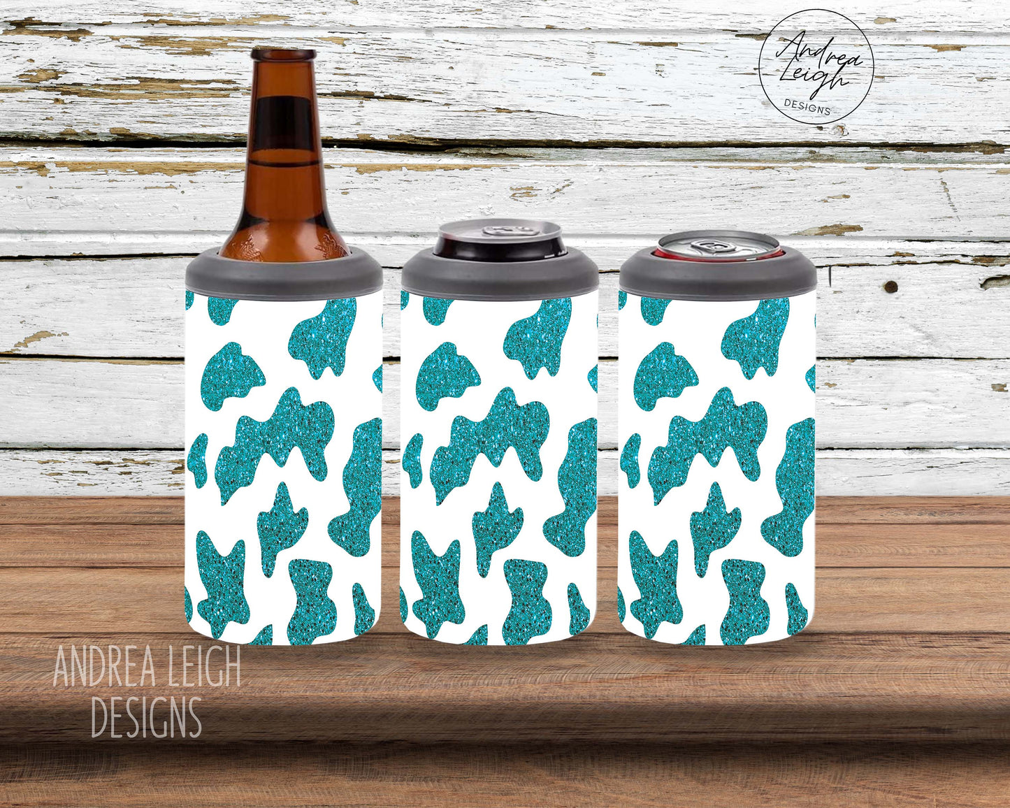 Turquoise Glitter Cow Print 4 in 1 Can Cooler