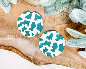 Glitter Turquoise Cow Print Car Coaster