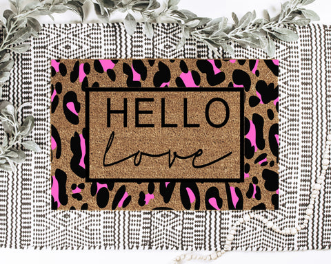 Hello Love Pink Leopard Print Doormat