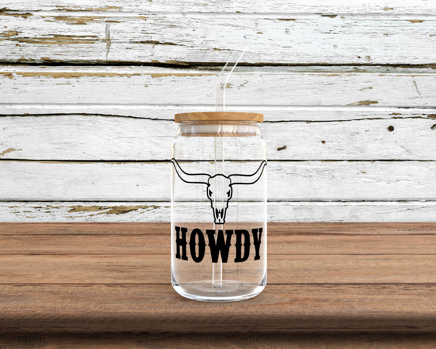 Howdy Longhorn Skull Glass Can