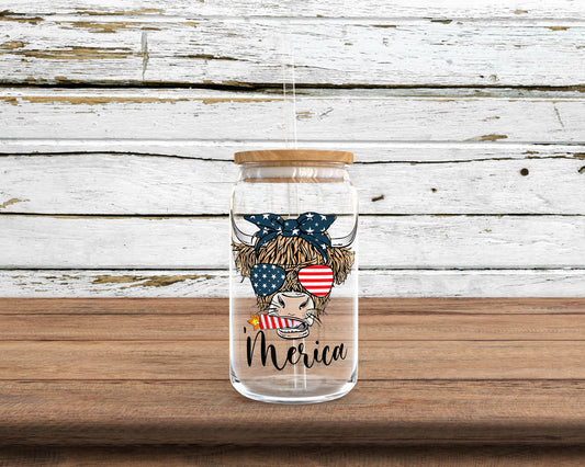 'Merica Highland Cow Sublimation Glass Can