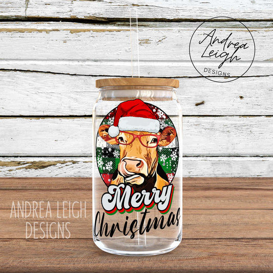 Cow Merry Christmas Sublimation Glass Can