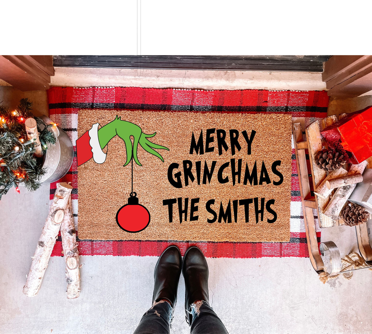 Merry Grinchmas Personalized Last Name Doormat