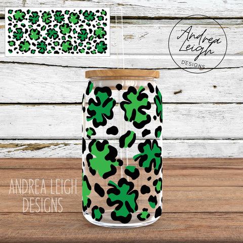 Leopard Shamrock Sublimation Glass Can Wrap