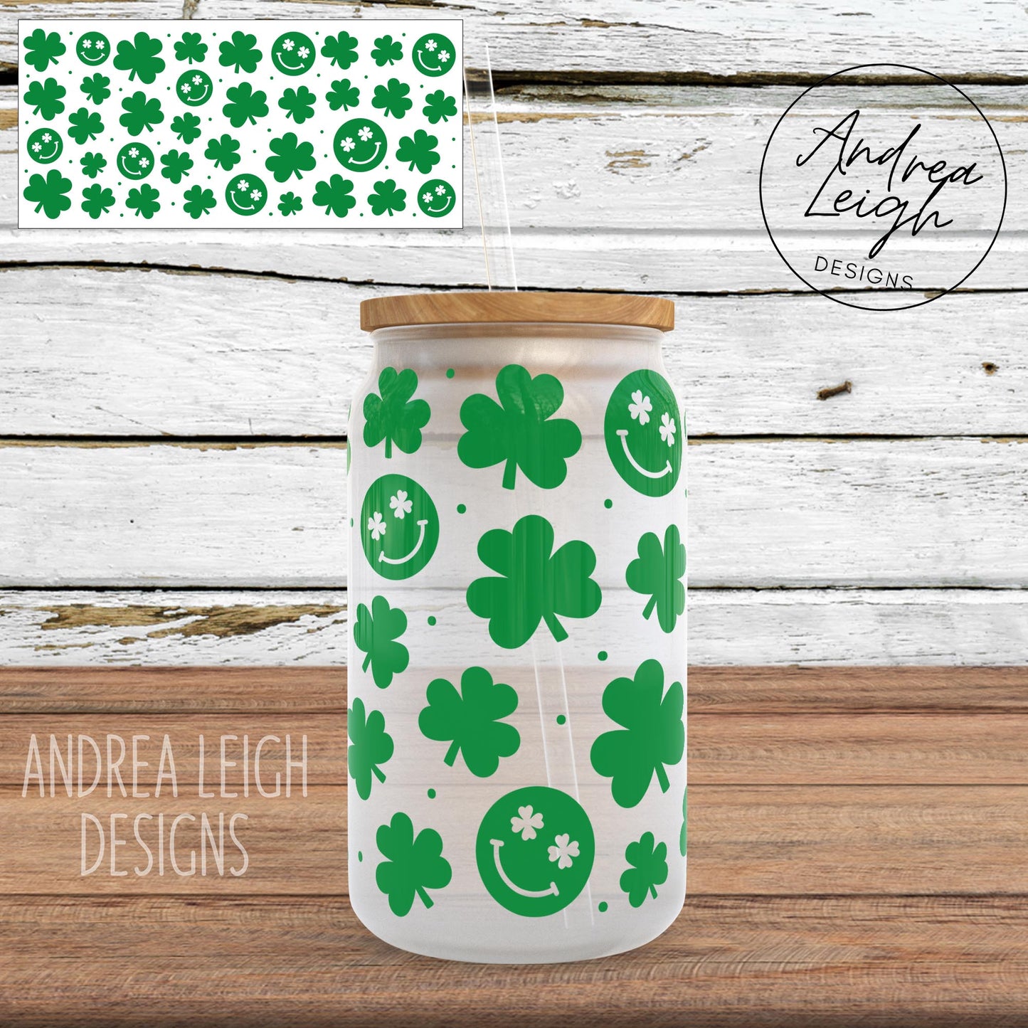 St Pattys Shamrock Sublimation Glass Can Wrap