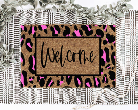 Welcome Pink Leopard Print Doormat